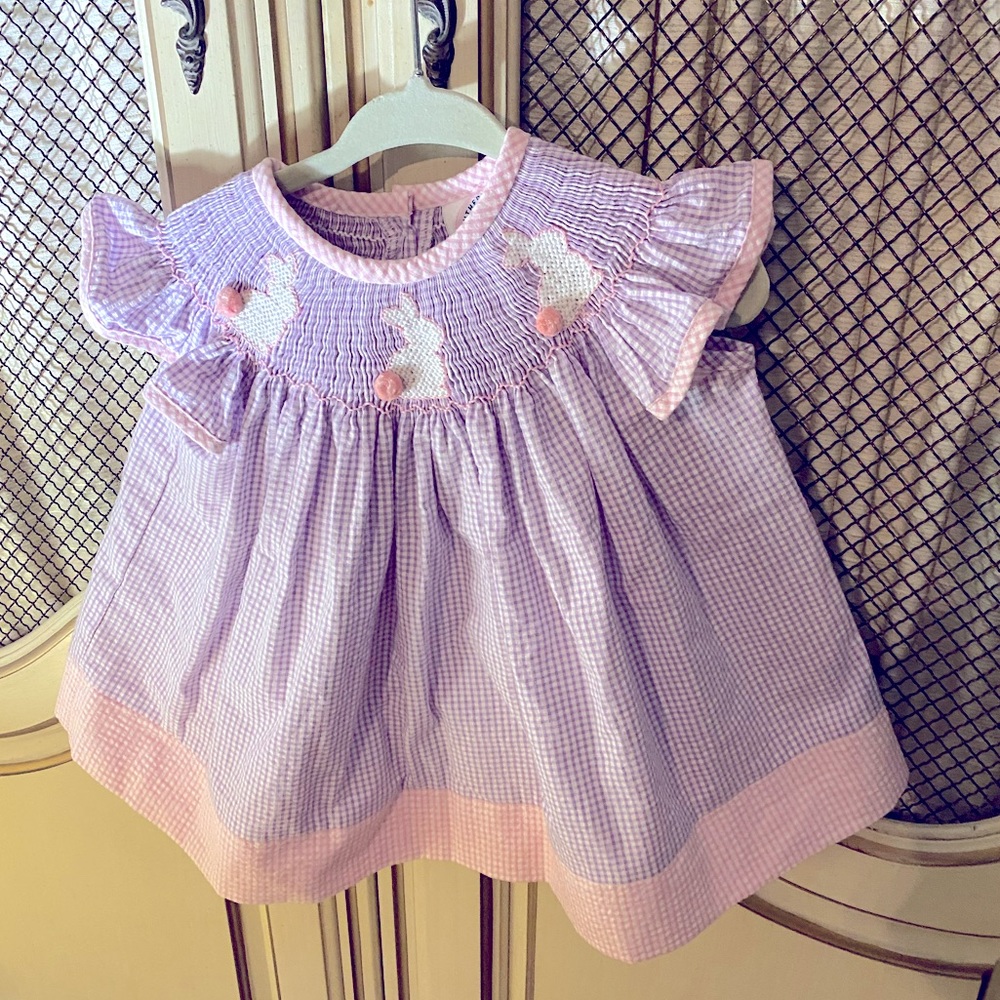 3 months Southern Smocked Company purple/pink smocked gingham bunny dress
